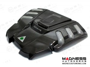 Alfa Romeo Giulia Engine Cover - Carbon Fiber - QV Version - White Candy Accents + Giulia Logo + Cloverleaf 